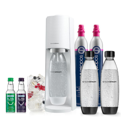 SodaStream - Terra Sparkling Water Maker | VALUE BUNDLE | CQC CO2 system | Includes 2x CO2 Cylinders, 3x 32 Fl Oz Dishwasher Safe Bottles, 2x Bubly Flavor Drops | Combine with Pepsi Flavors | White
