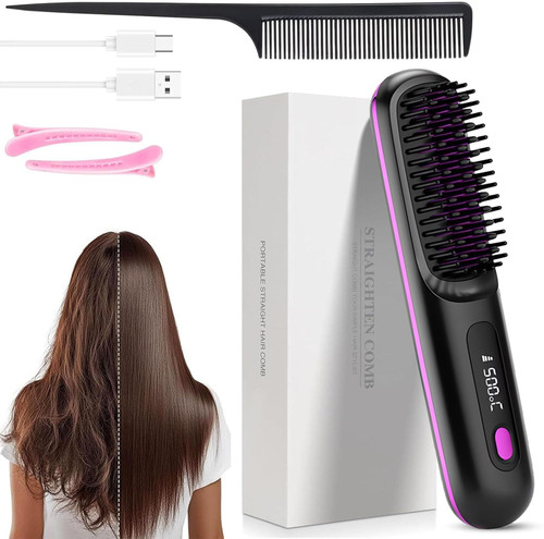 Cordless Hair Straightener Brush, 300M Negative Ionic Anti-Frizz