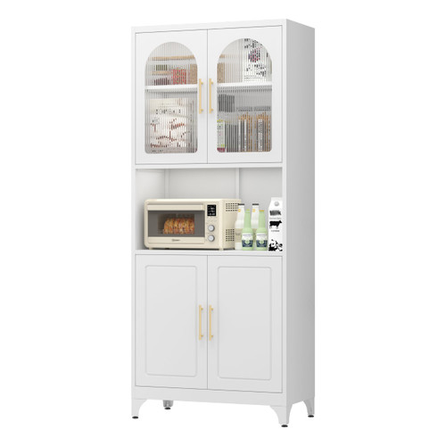 4 Doors and Adjustable Shelves ，White Hutch Cabinet with Microwave Stand