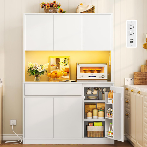 Pantry Cabinet with Charging Station and LED Light, Kitchen Pantry Cabinet with Microwave Stand