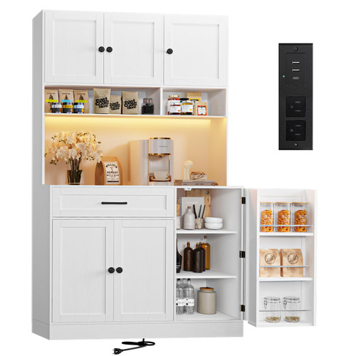 72" Kitchen Pantry Cabinet with LED Light and Charging Station Tall Pantry Storage Cabinet