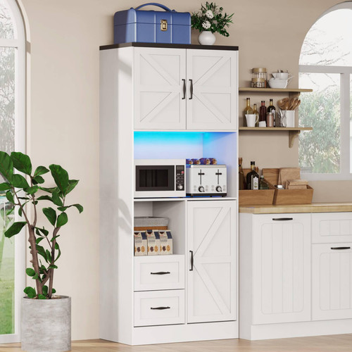 Tall Kitchen Storage Cabinet, Kitchen Hutch with Microwave Stand & Barn Doors