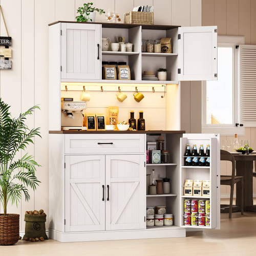 Kitchen Pantry Storage Cabinet with LED Light & Outlet, Kitchen Hutch with Microwave Shelf & 6 Hook