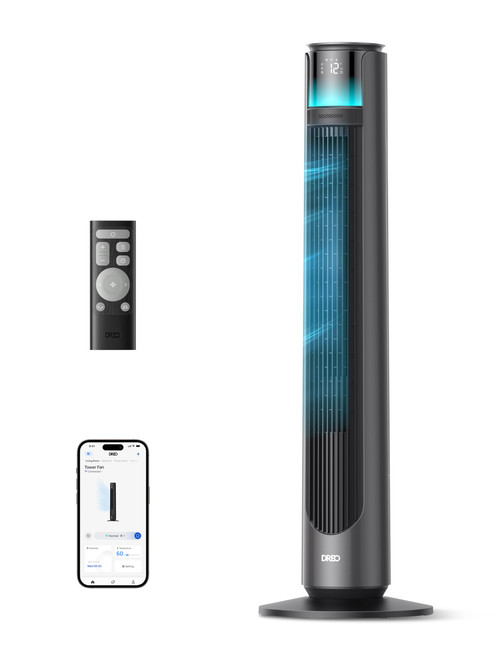 DREO Smart Tower Fan for Indoor & Outdoor Use, 33 ft/s High Velocity, 12 Speeds, 4 Modes Standing Floor Fan
