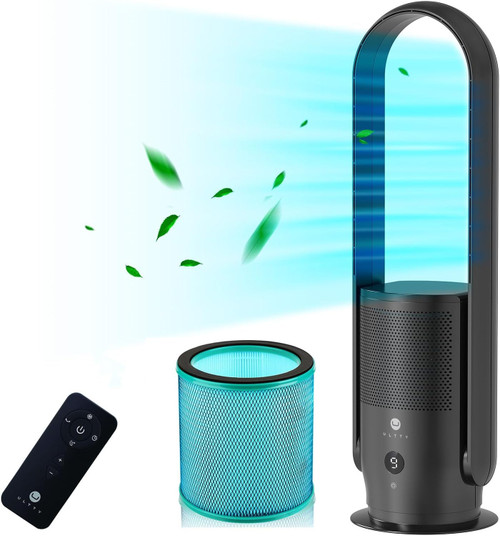 U ULTTY Bladeless Tower Fan and Air Purifier in one, Quiet Tower Fan with Remote, Touch, 9 Speeds, 8H Timer for Home Office