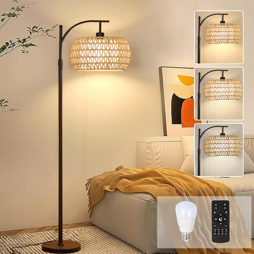 Arc Floor Lamps for Living Room Rattan Boho Floor Lamp with Remote Control,Dimmable LED Floor Lamp