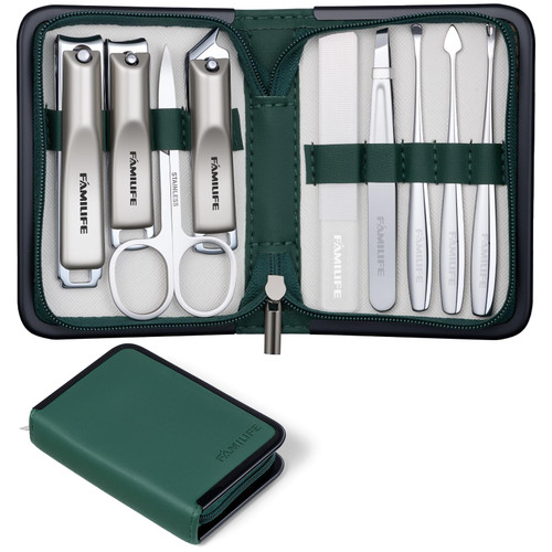 FAMILIFE Manicure Kit for Women, 9 Pcs Carbon Steel Nail Grooming Kit with Compact Case, Stylish Green Travel Manicure Set for Home, On-the-Go Care, Daily Use Nail Clipper Set (Green)