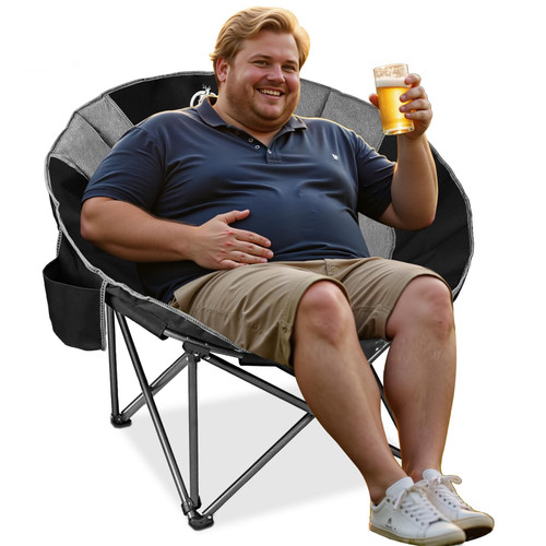 Northroad XXL Camping Moon Chair,Oversized Round Chair,Folding Padded Saucer w/Side Pocket,500lbs Capacity for Outdoor Hiking Fishing Picnic Lawn,Black&Grey