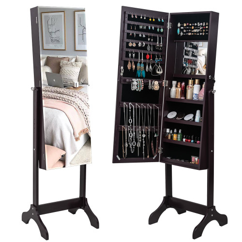 Full Body Makeup Mirror Cabinet Jewelry Storage Box 4-Layer Shelf With Inner Mirror Adjustable Wooden Floor Standing Dark Brown