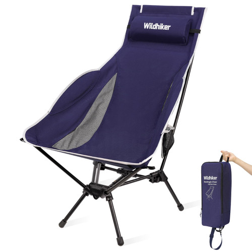 Wildhiker Portable Compact Folding Camping Chairs – Lightweight High Back with Pillow, Deep Recline, ArmPads, Side Pockets-for Motorcycle, RV, Backpacking, Travel, Festival – Indigo Blue