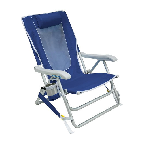 GCI Outdoor Backpack Beach Chair | Reclining Folding Chair with Durable Armrests, Drink Holder & Carry Straps, Perfect for Beach Trips & Picnics — Nautical Blue