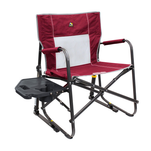 GCI OUTDOOR Freestyle Rocker XL with Side Table Camping Chair | Portable Folding Rocking Chair with Solid, Durable Armrests, Drink Holder & Comfortable Backrest — Red