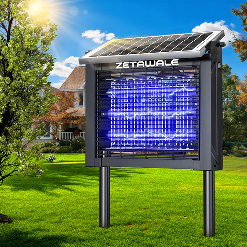 ZETAWALE Solar Bug Zapper Outdoor Mosquitos Zapper Solar Powered Bug Zapper Outdoor Camping Fly Control for 2000 sq.ft Waterproof Fly Killer Solar Mosquito Zapper for Garden (10W,10FT Extension Cord)