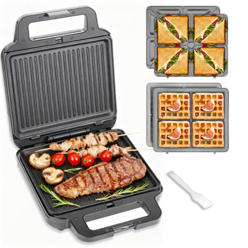 3 in 1 Panini Grill Press with 3 Removable Plates, Breakfast Sandwich Maker