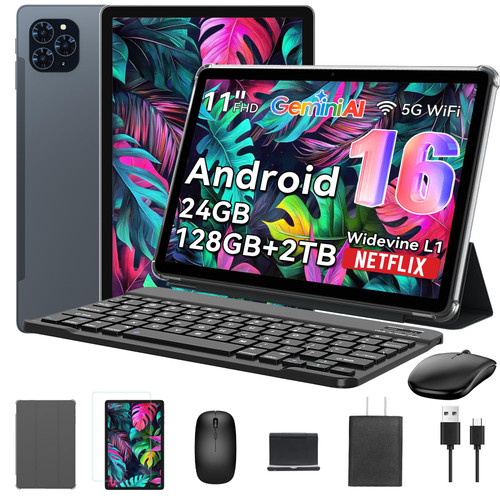 Tablet 2026 World's First Android 16 Tablet with Gemini AI, 11 Inch FHD Display, 24GB RAM 128GB ROM /2TB TF, T7250 CPU+13MP Camera, 8000mAh, Widevine L1, 2 in 1 Tablets with Keyboard Mouse Stylus