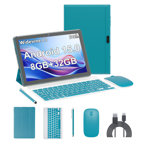Android 15 Tablet,10 inch Tablets, 8GB RAM+32GB ROM/2TB Expandable, 2 in 1 Tablets with Keyboard Case, 1280x800 IPS Display Screen, 5G Wi-Fi6, Dual Camera, 6000mAh Battery BT5 Widevine L1 (Green)