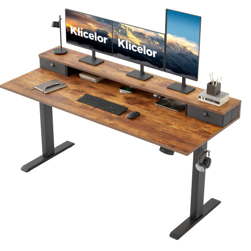 Klicelor 63 Inch Electric Standing Desk with Drawers, Adjustable Height Small Sit Stand Desk for Home Office, Compact Computer Workstation with Storage– Rustic Brown