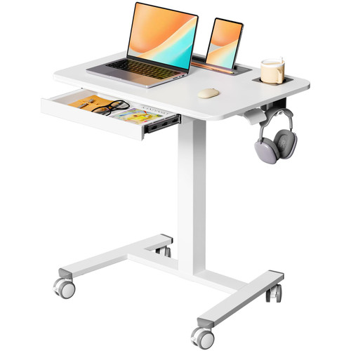JYLH JOYSEEKER Mobile Standing Desk with Drawer, 28" Rolling Desk with Cup Holder and Hooks, Portable Laptop Cart on Wheels, Height Adjustable Workstation with Storage for Home Office, White