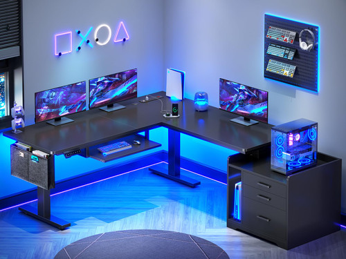 SEDETA L Shaped Electric Standing Desk with File Cabinet, 63 x 53'' Height Adjustable Home Office Computer Desk with Drawers, Power Outlet, Stand up Gaming Table with Led Lights, Keyboard Tray, Black