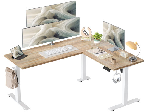 TIQLAB L Shaped Standing Desk Adjustable Height, Reversible Electric Corner Standing Desk, 63 x 55 inch Sit Stand Computer Table with Splice Board, Maple