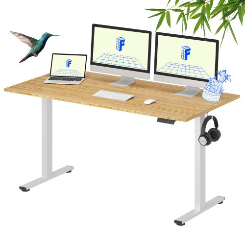 FLEXISPOT EN1 Bamboo Standing Desk, 60 x 30 Inches Whole-Piece Electric Adjustable Height Desk for Home Office (White Frame + Bamboo Top, 2 Packages)
