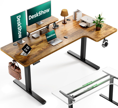 DeskShow L-Shaped Standing Desk - 63 Inch Adjustable Corner Standing Desk with Flexible Monitor Stand, Electric Sit Stand Computer Table with Memory Controller for Home Office