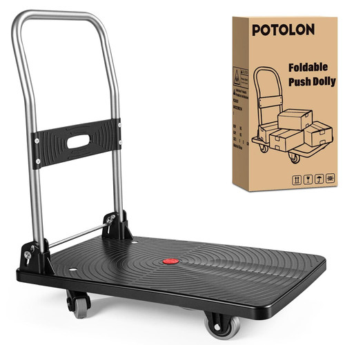 POTOLON Foldable Platform Cart, 220 lbs Capacity Push Cart Dolly with 3-Inch PU Wheels, No Assembly Required, 26 x 15.7 Inch PP Deck Flatbed Cart for Home Use, Black