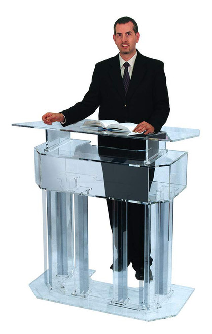 Kingdom 3 Tier Acrylic Lectern or Podium with 6 Column Base and a Wide Middle Shelf with Plenty of Space for Your Presentation Needs - Clear (Plain/Non-Personalized)