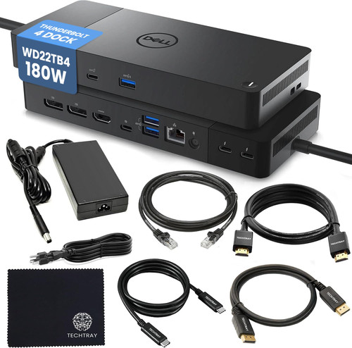 Dell WD22TB4 Thunderbolt 4 Dock 180W - 40Gbps, 3-Year Warranty, USB-C/USB-A Dell Docking Station with 180W Adapter + Techtray Cables & Cloth - Supports Dual/Triple Monitor & 4K Displays (New)