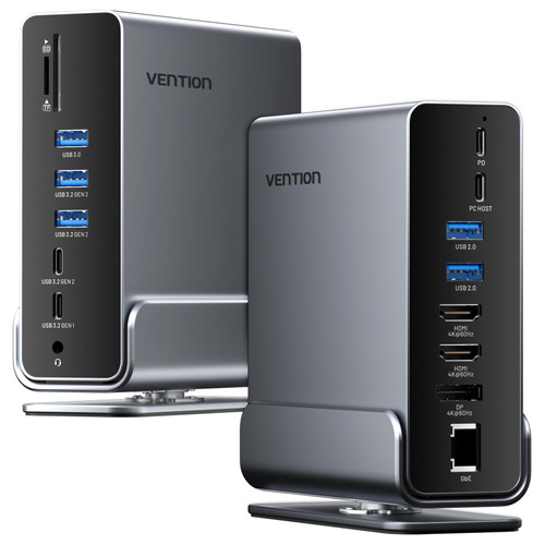 VENTION 15-in-1 Laptop Docking Station Dual Monitor, 360° Roatable Triple Monitor Docking Station with 2 * 4K HDMI and 1*DP, PD 100W Charging for Laptop, 10Gbps USB Port Transfer, RJ45, Audio, SD/TF