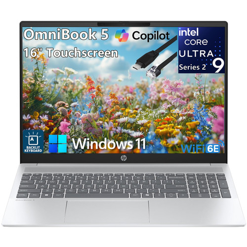 HP OmniBook 5 AI PC Touchscreen Laptop, Intel Ultra 9 285H, 32GB LPDDR5X RAM, 1TB NVMe SSD, 16” IPS, Intel Arc 140T, WiFi 6E, Backlit Keyboard, Windows 11 Home, Copilot+ Ready, Type C RJ45 Cable