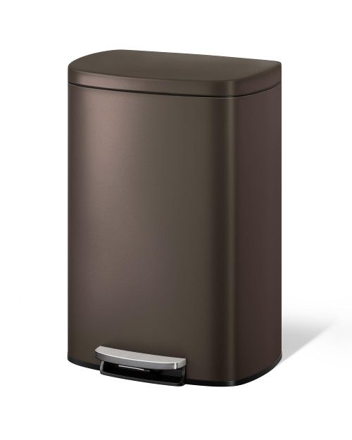 Garvee 13 gal / 50 L Metal Kitchen Trash Can with Lid, Large Rustproof Garbage Can for Kitchen, Step-on Trash Bin with Inner Bucket, Rear Handle, Soft Close Lid, Brown