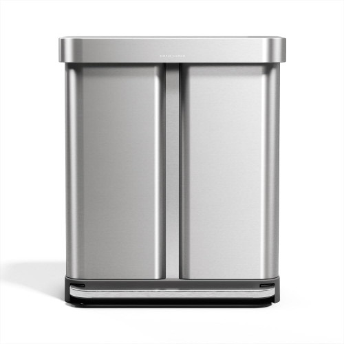 simplehuman 58 Liter / 15.3 Gallon Rectangular Dual Compartment Recycling Step, Brushed Stainless Steel with Soft-Close Plastic Lid Kitchen Trash Can