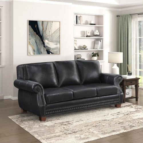 Lexicon 86" W Sofa, Top Grain Leather Match Comfy Sofa with Nailhead Trim, Rolled Arms, Solid Wood Legs, 3 Seater Couch for Living Room/Apartment/Office, Easy Assembly, Black