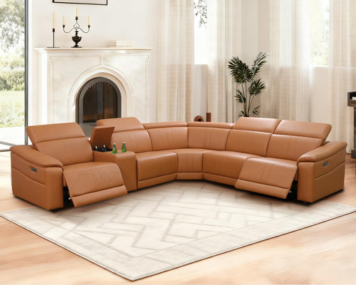 Caberryne Power Recliner Sectional Sofa for Living Room, Power Leather Corner Sectional Couch with Dual Recliners, 5-Seater L Shaped Couch with Storage Console/Cup Holders/30'' Super Wide Seat(Ginger)