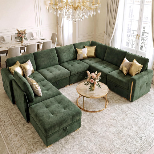 smilesun Oversized Modular Chenille 8-Seater Sectional Sofa with Storage, Convertible Comfy Extra Deep & Wide Seat Couch with Gold Metal Accents & Legs for Living Room (Green)