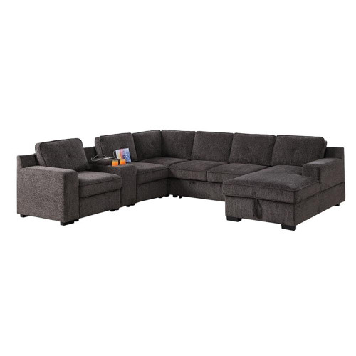Pemberly Row Modern Chenille 6-Seater Sectional Sofa Bed with Pull-Out Sleeper & Storage Chaise, U-Shaped Living Room Set with USB Console & Cup Holders, 119.5" W x 106" D, Brown