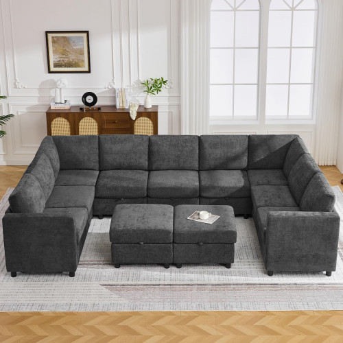 127'' Oversized U Shaped Modular Sofa, Sectional Couches with Storage for Living Room, Modern 9 Seater Cloud Sectional Couch with Movable Ottoman, Chenille Dark Grey
