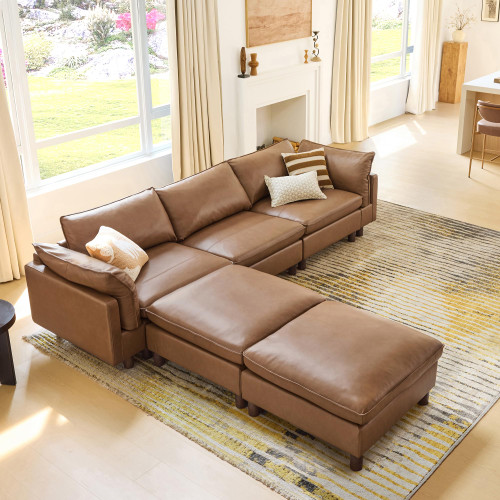 CHITA 127" Super Large Sectional Couches for Living Room, Modular Cloud Couch Sectional Sofa, Premium Genuine Leather Sofa, Down Filled, High Density Foam, Real Leather in Saddle, 5 Seat U Shaped