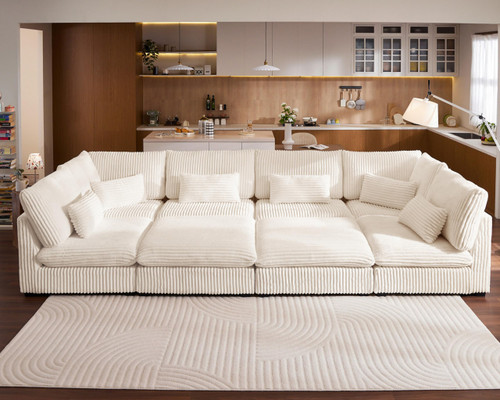 154" Oversized Corduroy Couch Modular Sectional Sofa, Washable Cloud Couch Sectional with 4 Ottoman, 8 Seater Sectional Couches for Living Room, Fully Cover Removable, Sleeper Sofa, Corduroy, White