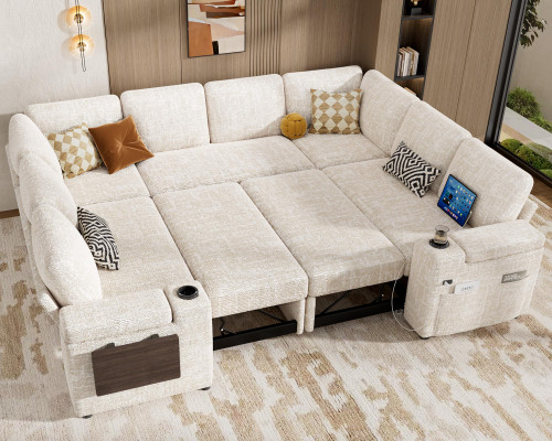 Vipbear 111" Modular Sectional Sleeper Sofa with Pull Out Bed, 8 Seat Chenille U Shaped Couch with USB Ports|Cup Holders|Side Table|Storage Chaise Armrests Tool Free Assembly, Beige