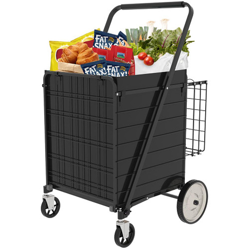 Heavy Duty Folding Shopping Cart on Wheels, 330 lbs Capacity Foldable Grocery Cart with Waterproof Liner & 360° Swivel Front Wheels, Double Basket Utility Cart for Groceries Laundry Transport,Black