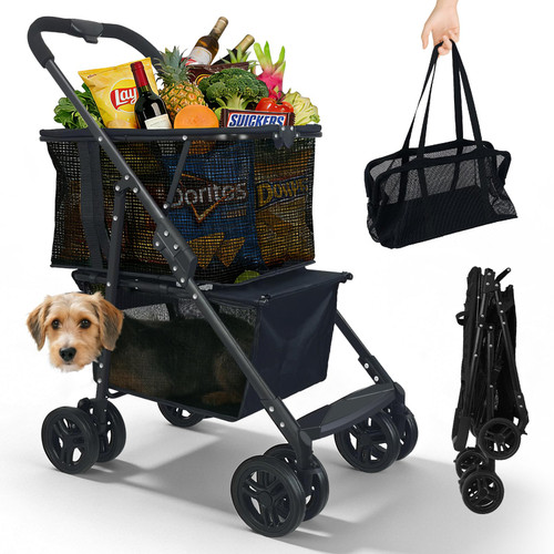 Folding Shopping Cart & Pet，110lbs ，2-in-1 Personal Cart with Removable Basket & Lower Dogs Stroller，Single-Hand Fold, Collapsible Utility Trolley Cart for Groceries, Laundry, Camping & Pet Traveling