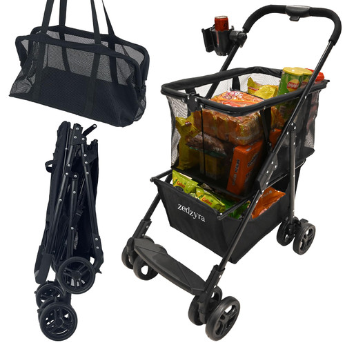 Upgraded Foldable Shopping Cart with Wheels - Heavy Duty Grocery Cart, 80lbs Collapsible Utility Cart for Groceries, Laundry, Ideal for Seniors, Stairs, Farmers Market (Black)
