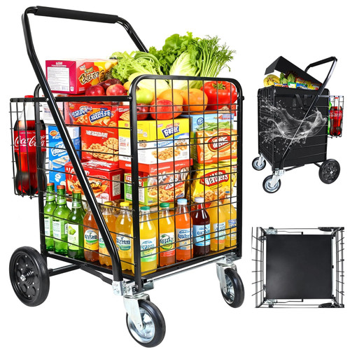 Folding Shopping Cart with Removable Waterproof Liner, 450LBS Capacity Grocery Cart with 39.5 Gal Dual Basket & 360° Swivel Wheels, Heavy-Duty Wagon for Grocery Shopping Laundry Transport
