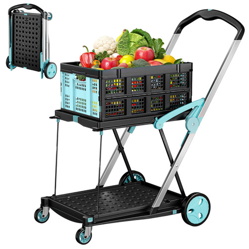 Foldable Shopping Cart, 200 lbs Capacity Grocery Carts on Wheels with Collapsible Crate Heavy Duty Collapsible Cart with Foot Brake for Groceries, Office, Warehouse and Supermarket