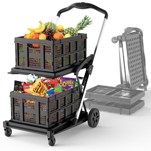 TOOLIOM 2-Tier Collapsible Shopping Cart with Brake Wheels & 2 Folding Baskets, Multi-Use Mobile Trolley for Grocery, Luggage & Office