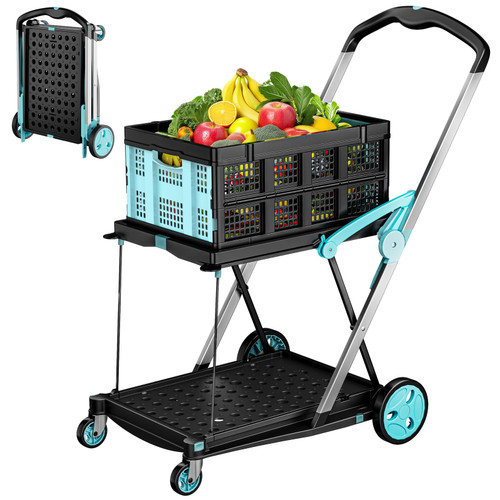 Foldable Shopping Cart with Wheels, 200 lbs Capacity Grocery Cart with 1 Storage Crate, Multi Use Functional Collapsible Carts with Foot Brake for Groceries/Office/Warehouse/Supermarket, Blue