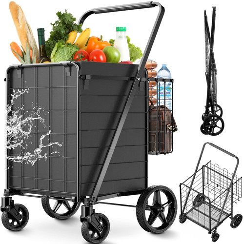 330LBS Capacity Shopping Cart for Groceries,Upgraded Jumbo Grocery Cart with Waterproof Liner, 360° Rolling Swivel Wheels and Double Basket, Heavy Duty Folding Shopping Carts for Laundry Transport