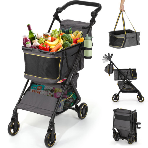 Dyna-Living Personal Folding Shopping Cart 70lbs Load-Capacity Foldable Shopping Carts for Groceries, Adjustable Handle, Lightweight Aluminum Frame Collapsible Shopping Stroller, 2-Tier